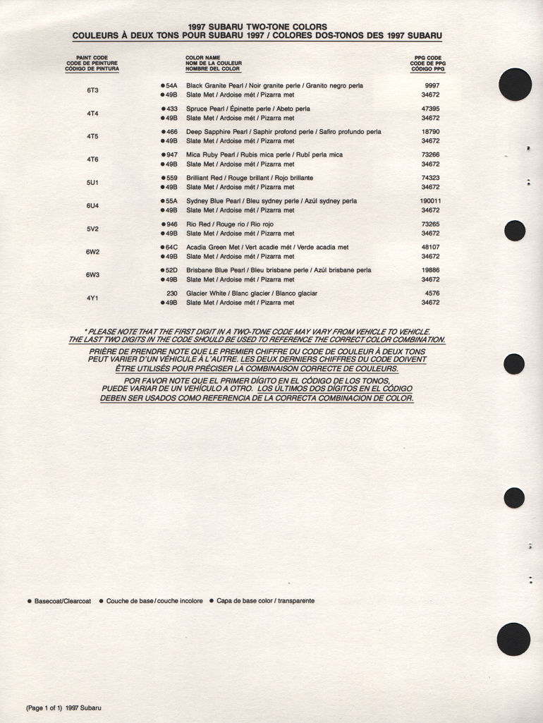 1997 Subaru Paint Charts PPG 2